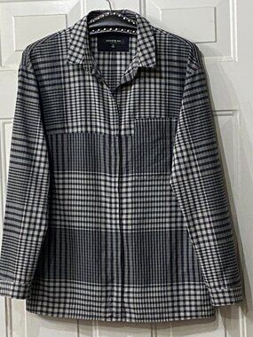 Lafayette 148 Sz M Blouse Shirt Long Sleeve Gray/Black Plaid 1 Pocket